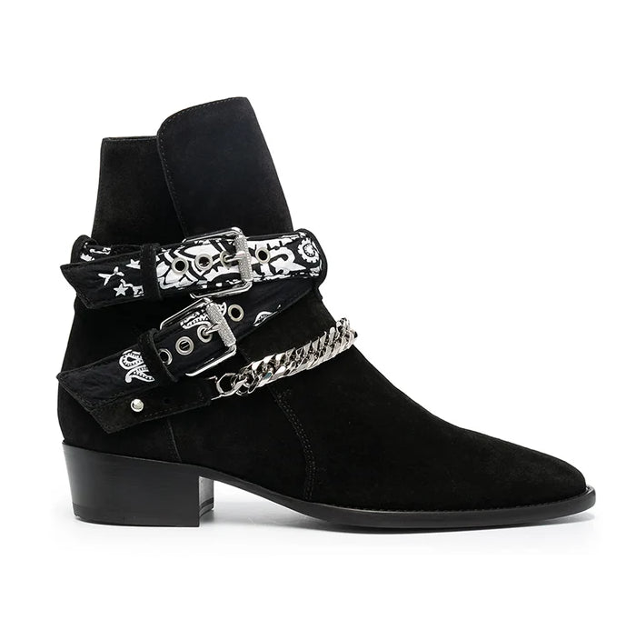 Black Bandana Buckle Cuban Boot - Milanese Leather