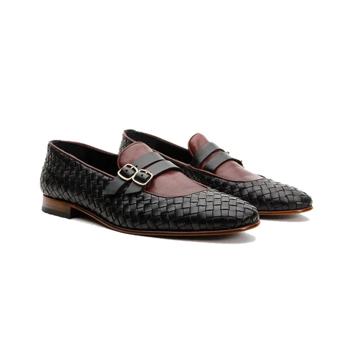 Black Double Monk Strap Woven Shoe - Milanese Leather