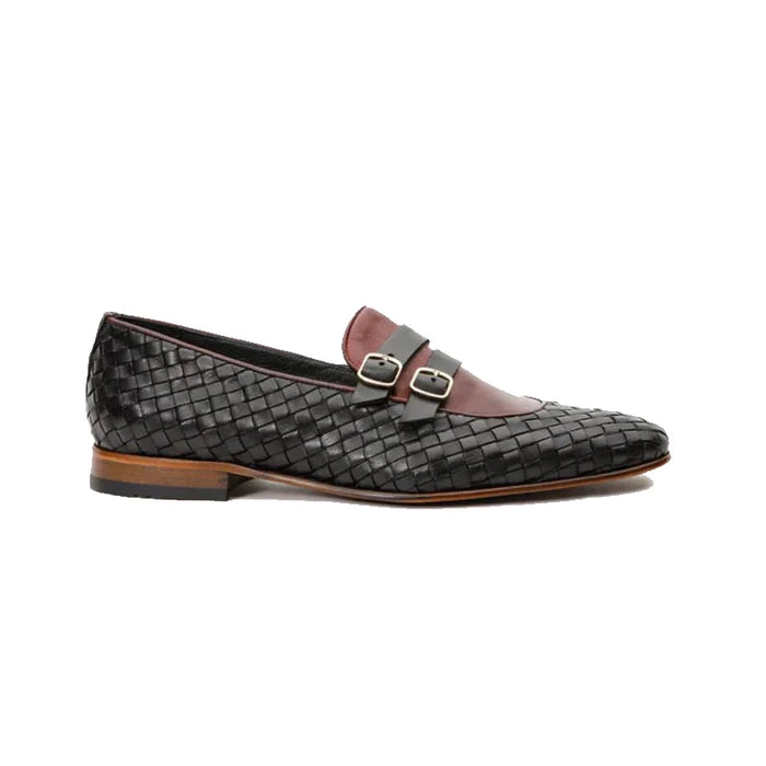 Black Double Monk Strap Woven Shoe - Milanese Leather