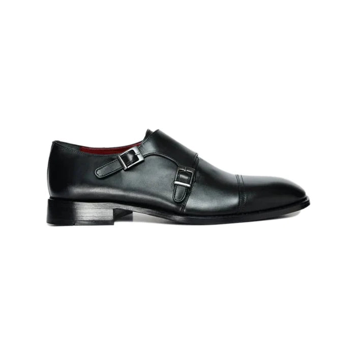 Black Leather Cap Toe Double Monk Strap Shoe - Milanese Leather