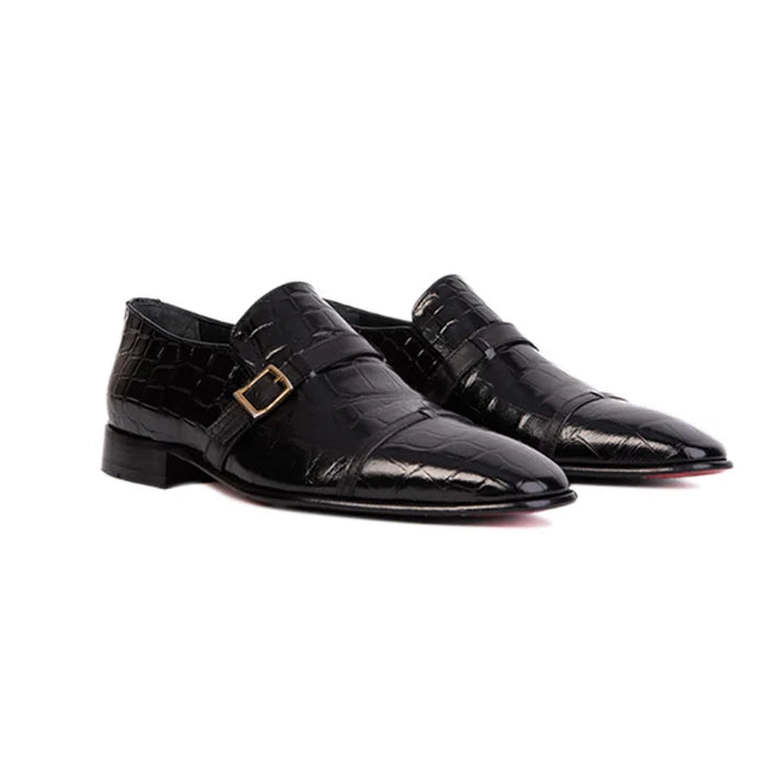 Black Leather Single Monk Strap Cap Toe Shoe - Milanese Leather