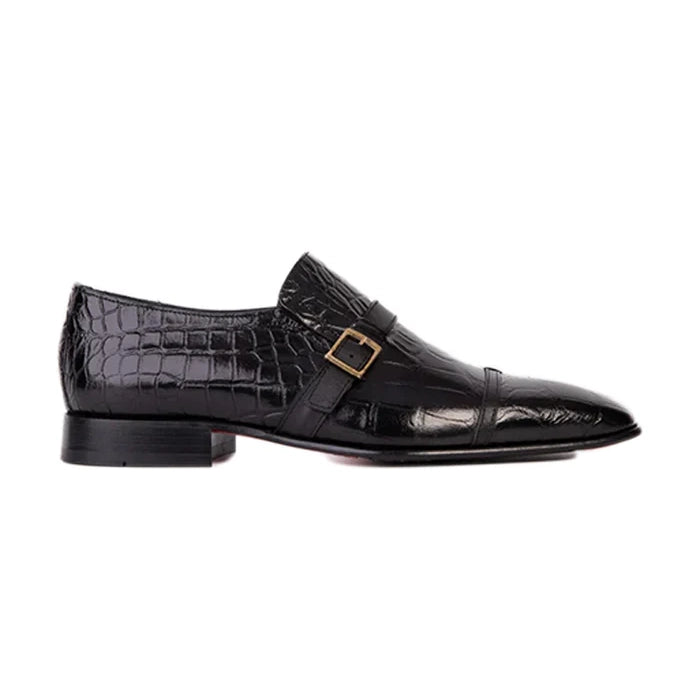 Black Leather Single Monk Strap Cap Toe Shoe - Milanese Leather