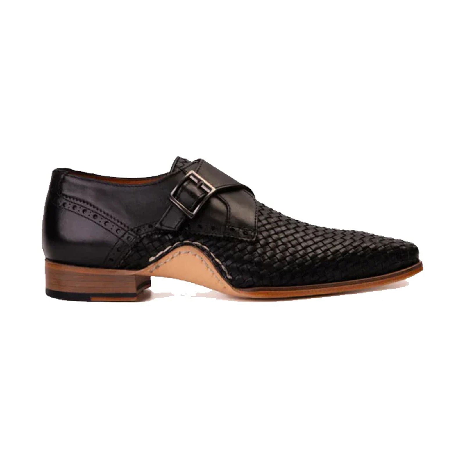 Black Leather Single Strap Monk Shoe - Milanese Leather