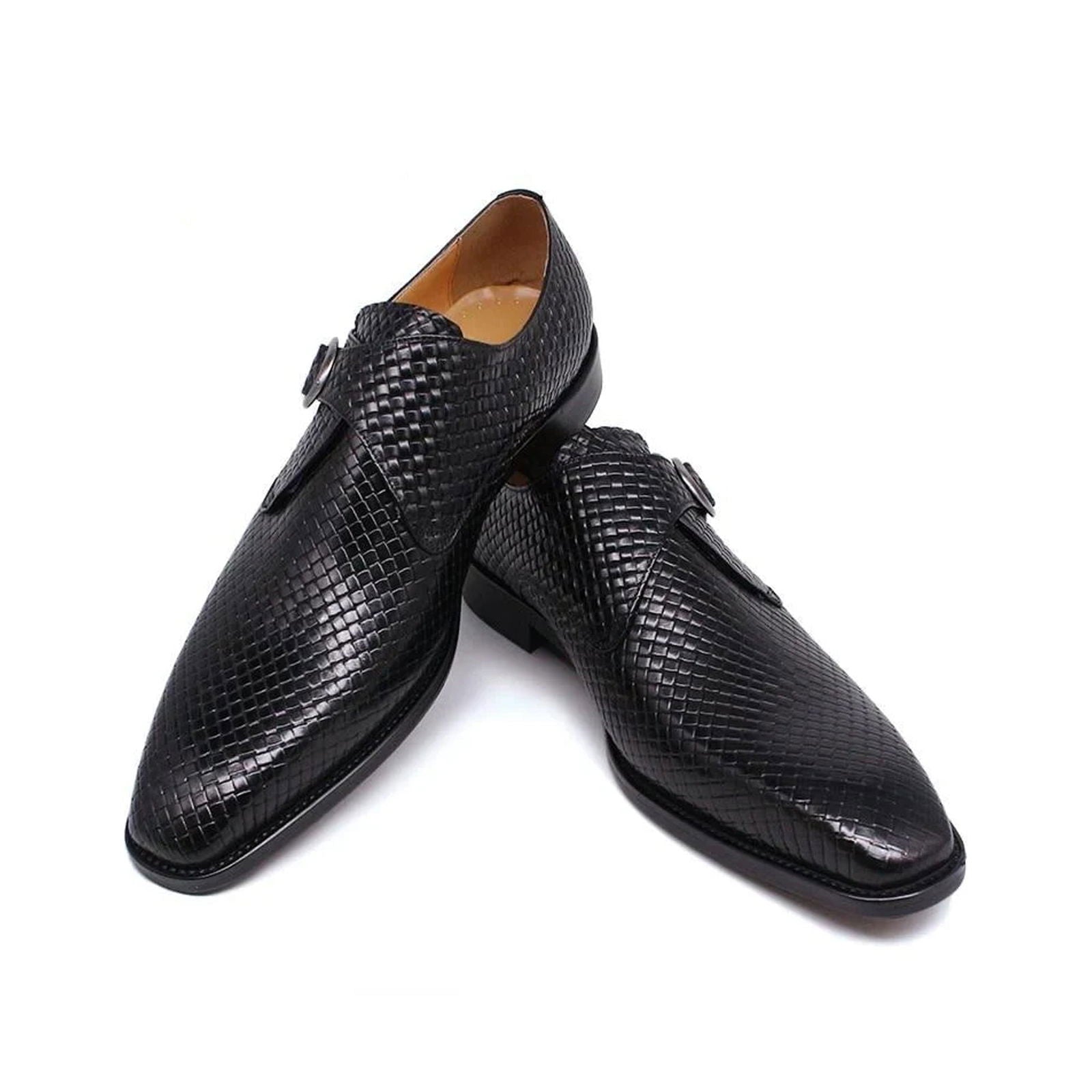 Black Waved Single Monk Strap Shoes - Milanese Leather