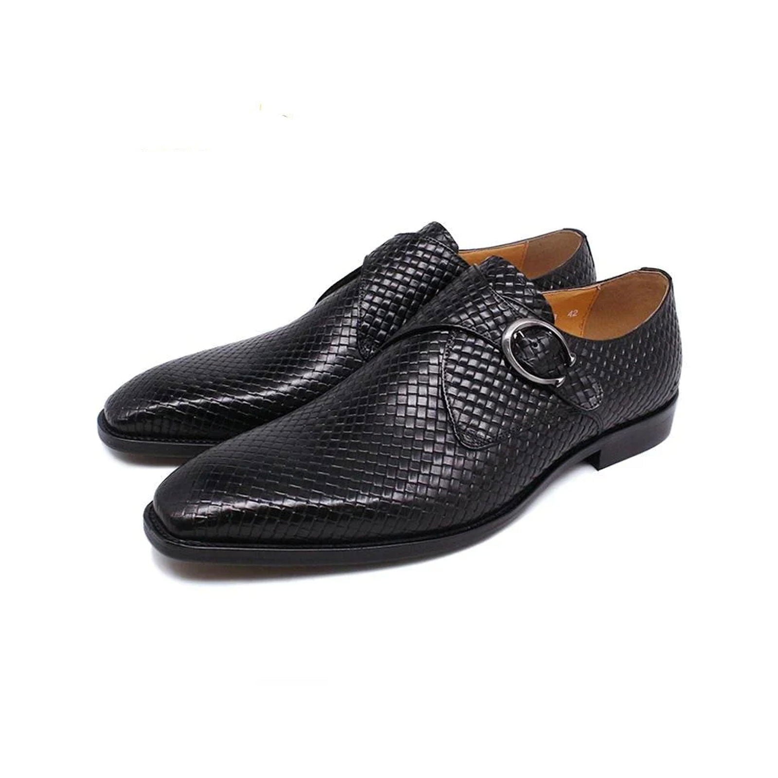 Black Waved Single Monk Strap Shoes - Milanese Leather