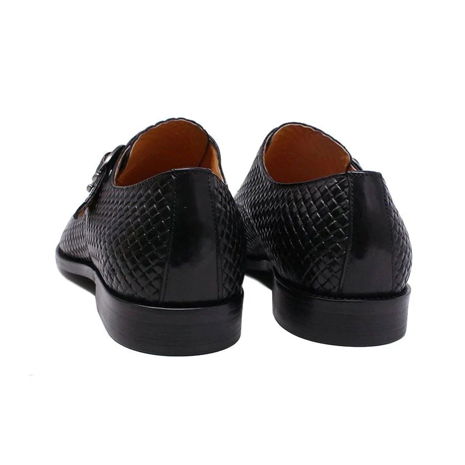 Black Waved Single Monk Strap Shoes - Milanese Leather