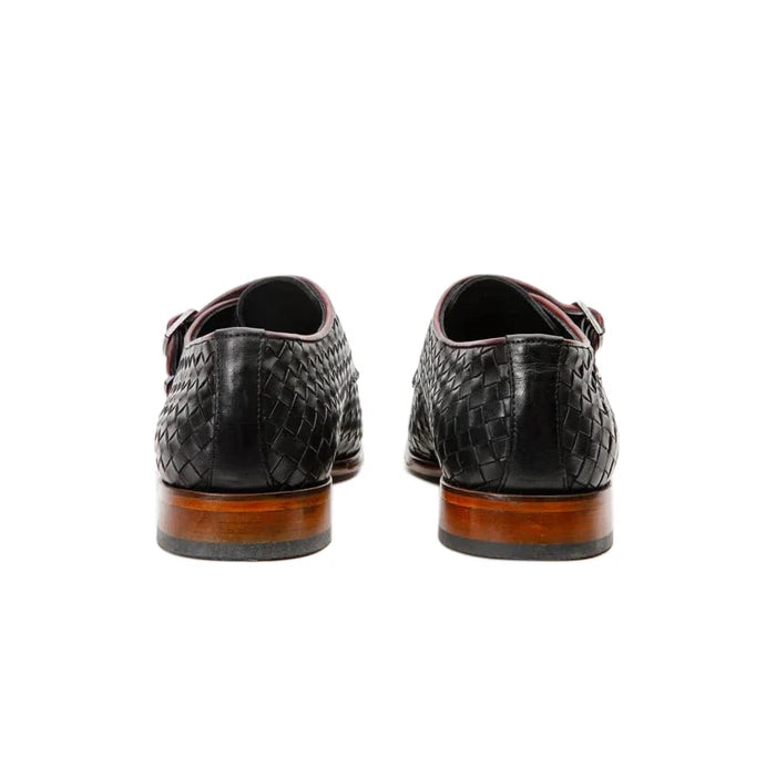 Black Woven Double Monk Strap Shoes - Milanese Leather