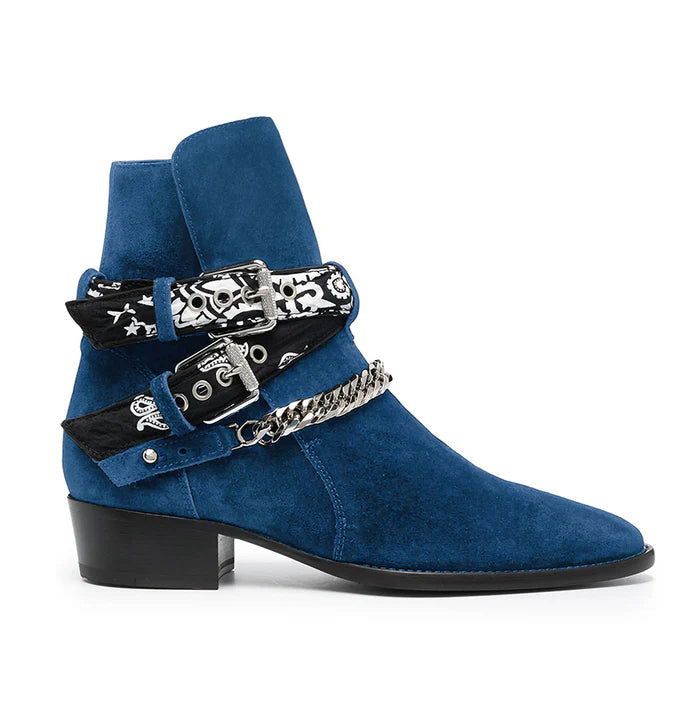 Blue Bandana Buckle Cuban Boot - Milanese Leather