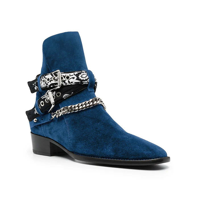 Blue Bandana Buckle Cuban Boot - Milanese Leather