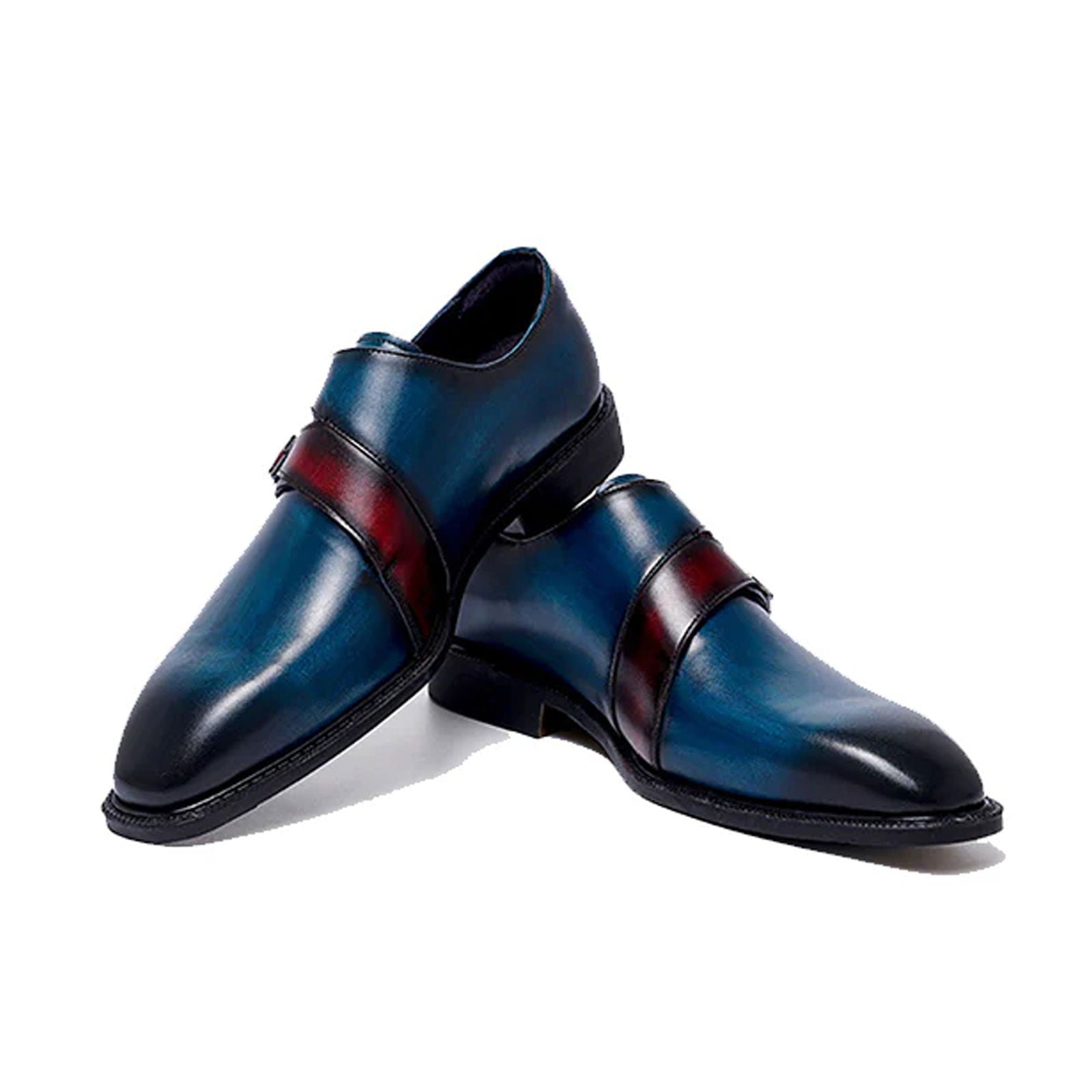 Blue Double Buckle Monk Shoe - Milanese Leather