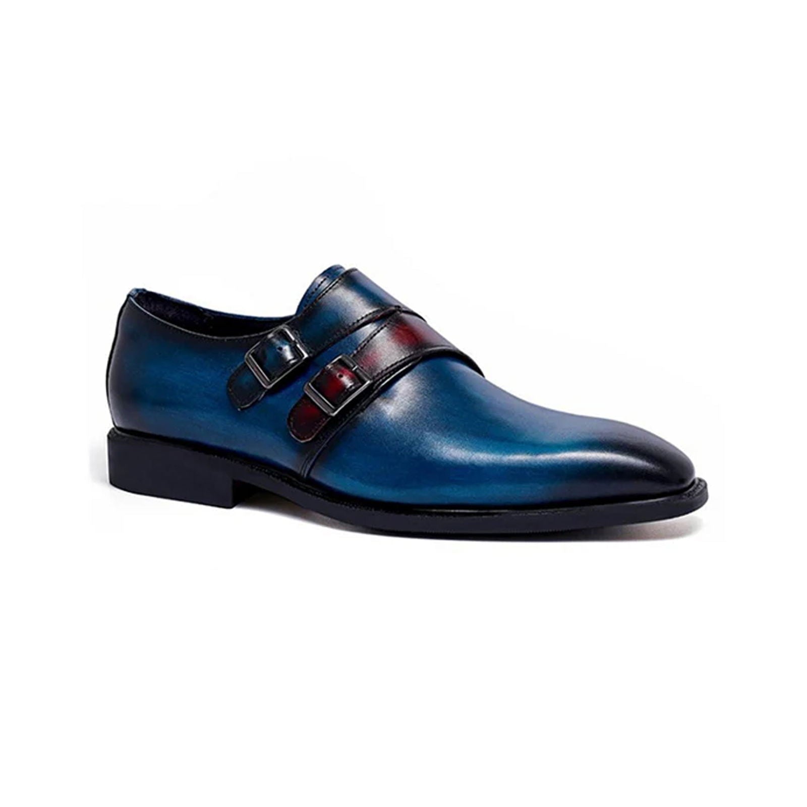 Blue Double Buckle Monk Shoe - Milanese Leather