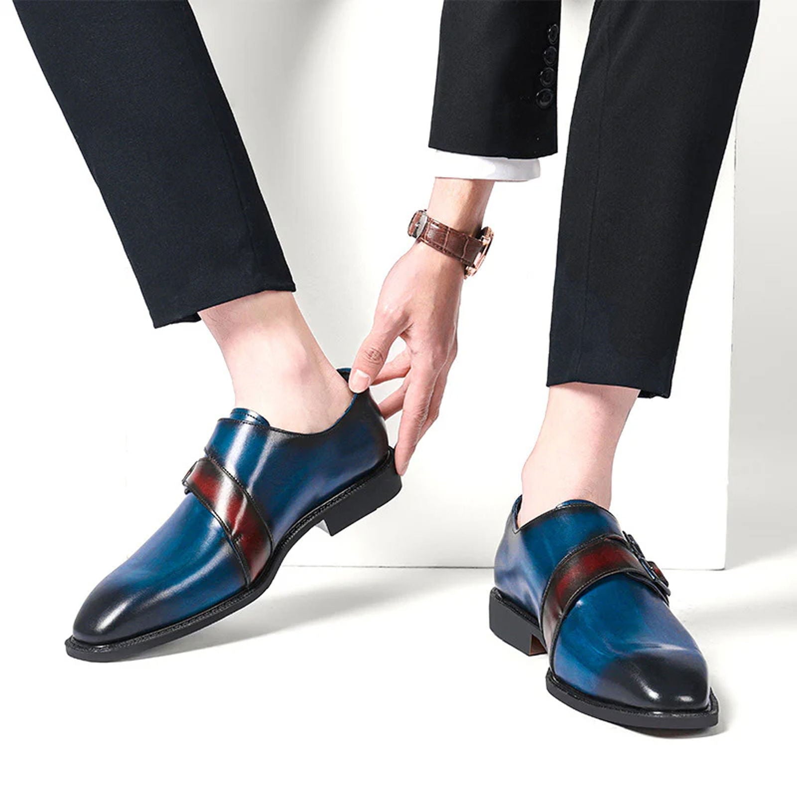Blue Double Buckle Monk Shoe - Milanese Leather