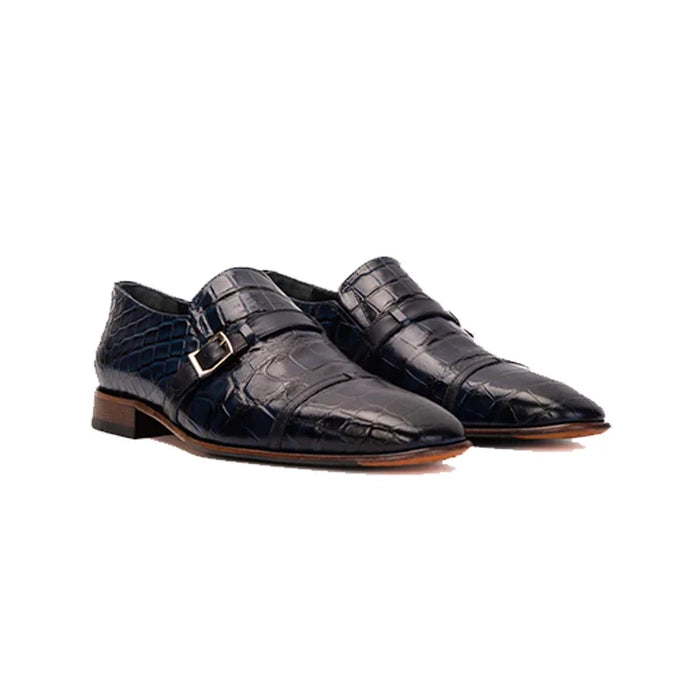 Blue Leather Single Monk Strap Cap Toe Shoe - Milanese Leather