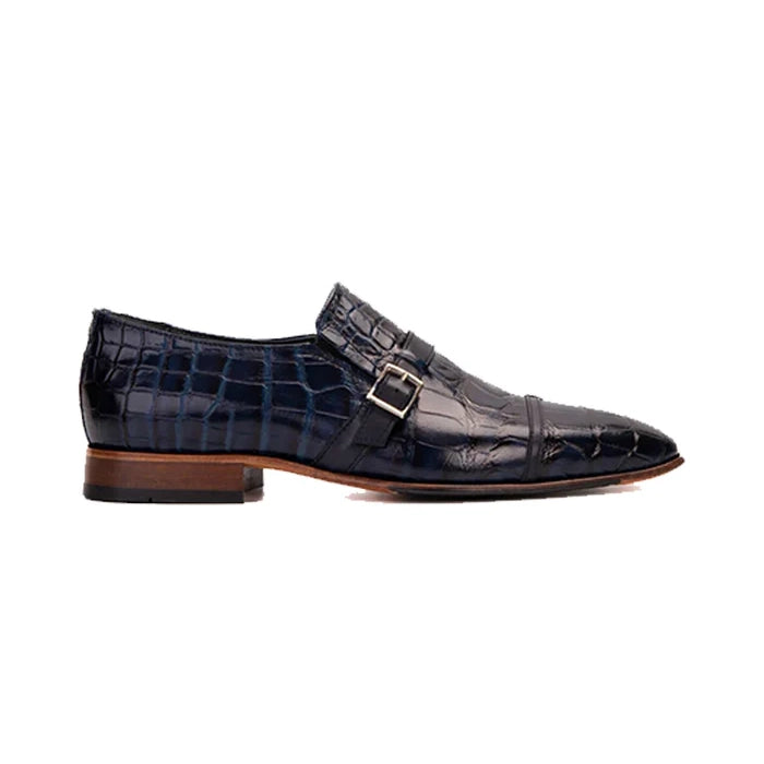 Blue Leather Single Monk Strap Cap Toe Shoe - Milanese Leather