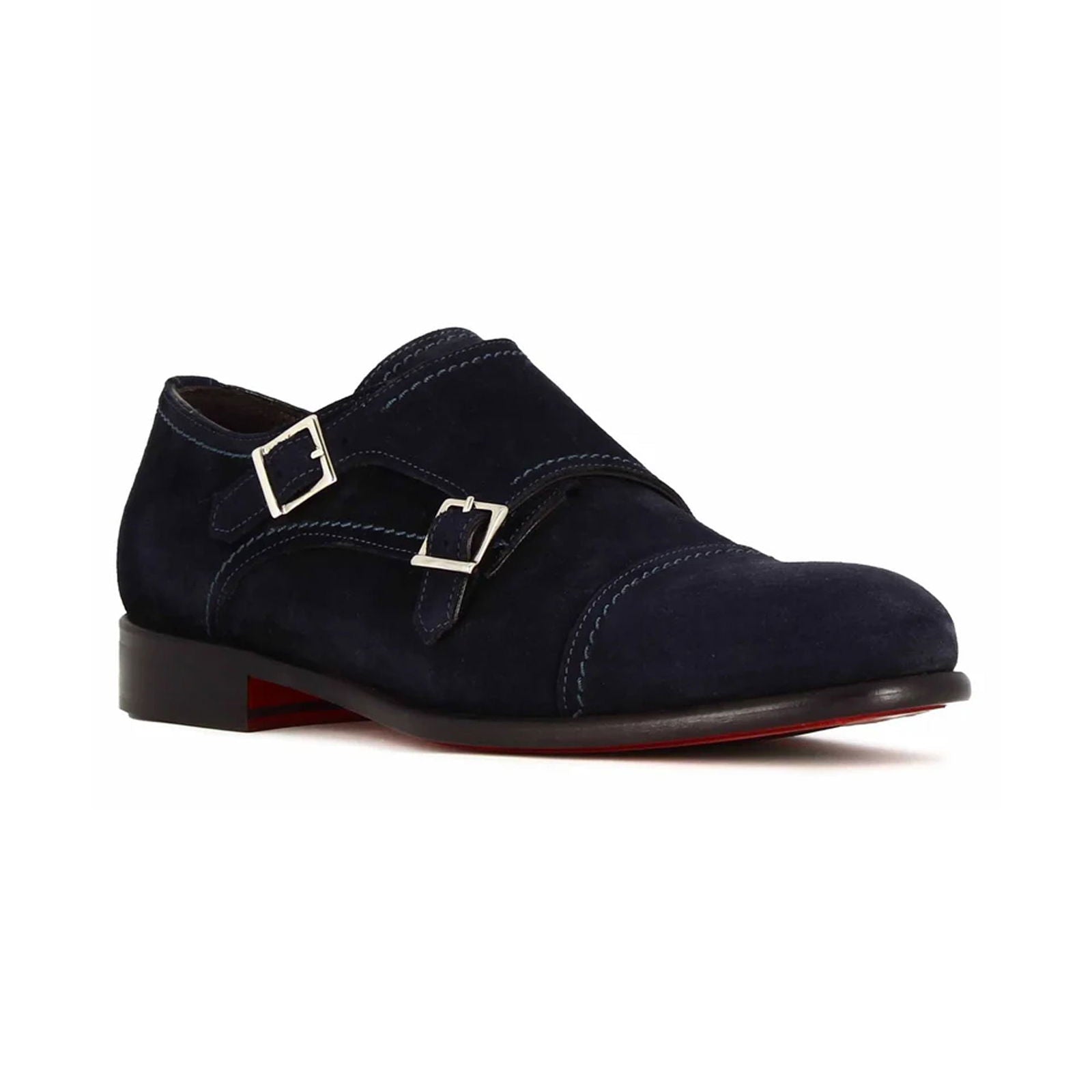 Blue Suede Double Monk Strap Shoes - Milanese Leather