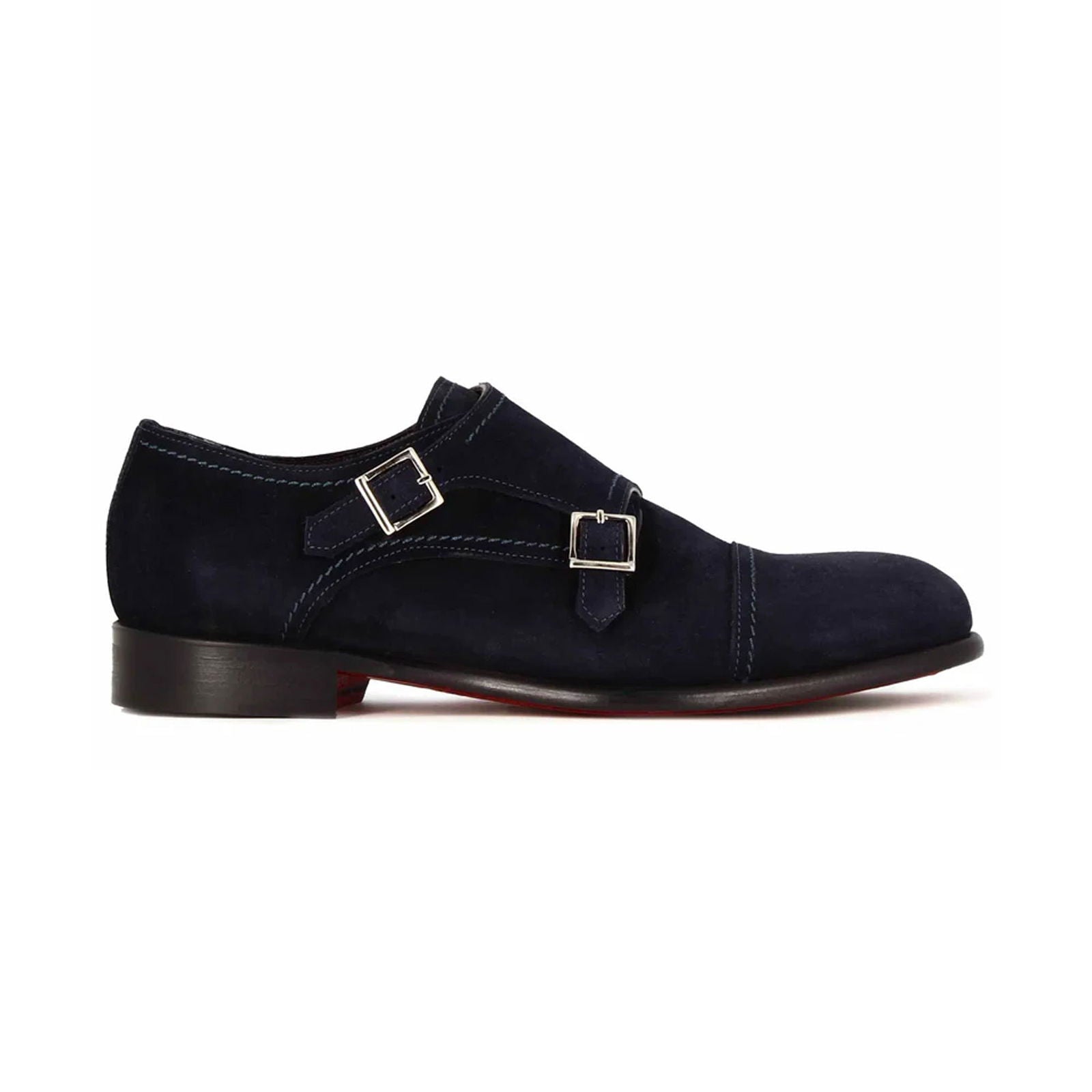 Blue Suede Double Monk Strap Shoes - Milanese Leather