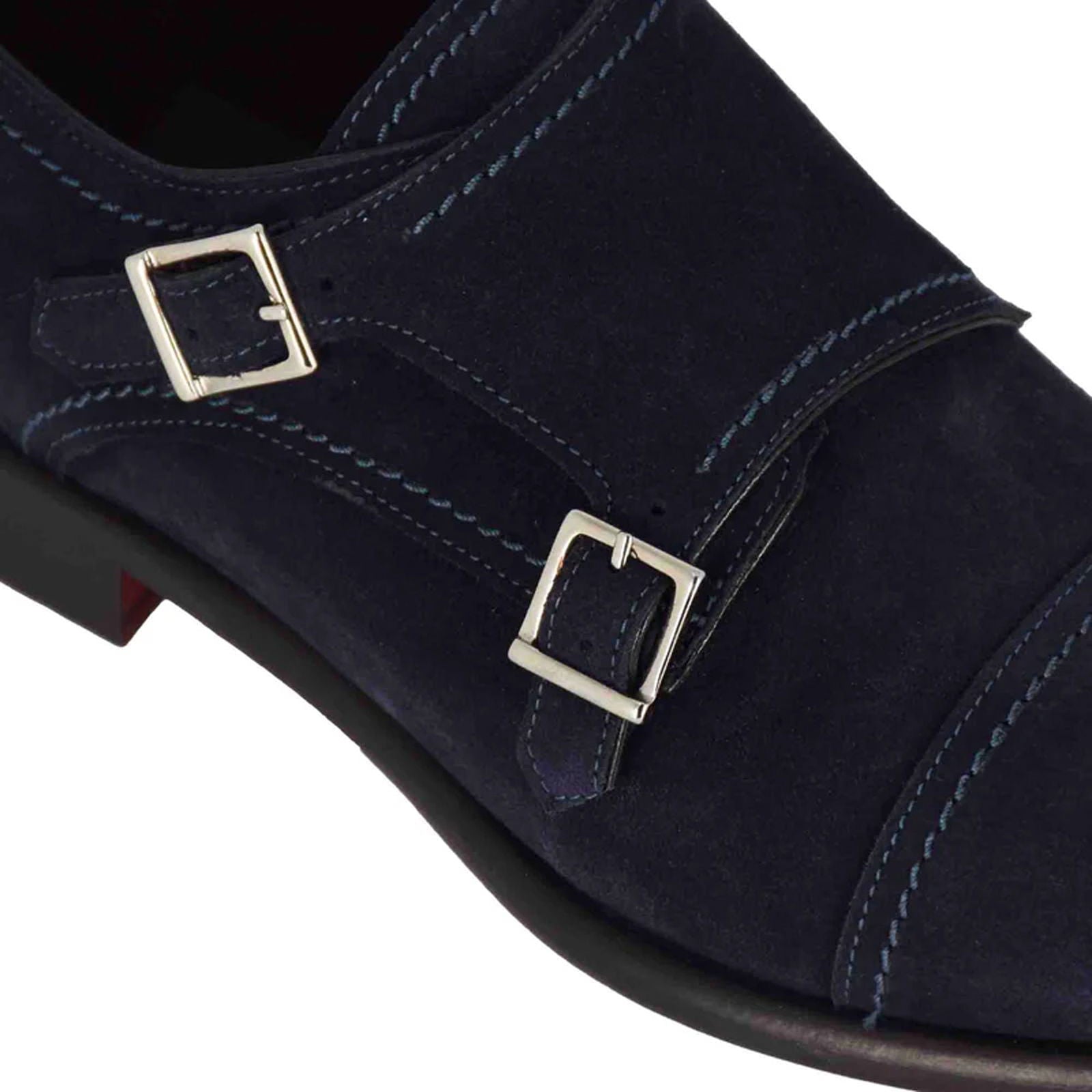 Blue Suede Double Monk Strap Shoes - Milanese Leather