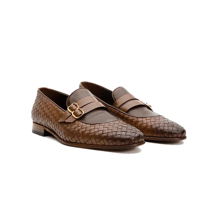 Brown Double Monk Strap Woven Shoe - Milanese Leather