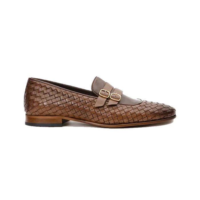Brown Double Monk Strap Woven Shoe - Milanese Leather