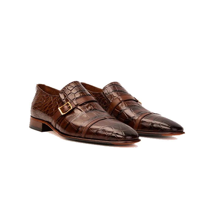 Brown Leather Single Monk Strap Cap Toe Shoe - Milanese Leather