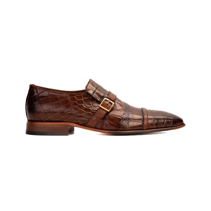 Brown Leather Single Monk Strap Cap Toe Shoe - Milanese Leather