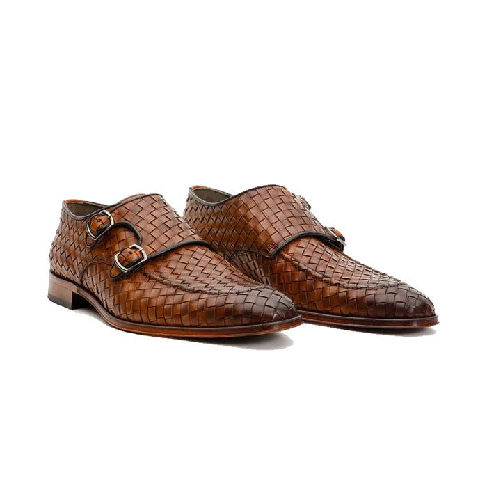 Brown Woven Double Monk Strap Shoes - Milanese Leather