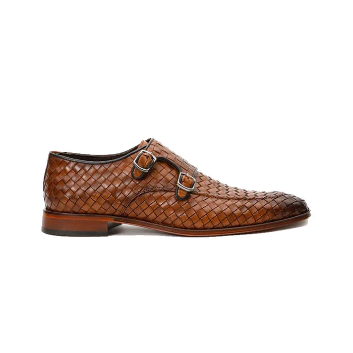Brown Woven Double Monk Strap Shoes - Milanese Leather