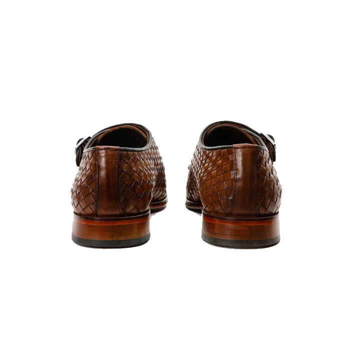 Brown Woven Double Monk Strap Shoes - Milanese Leather