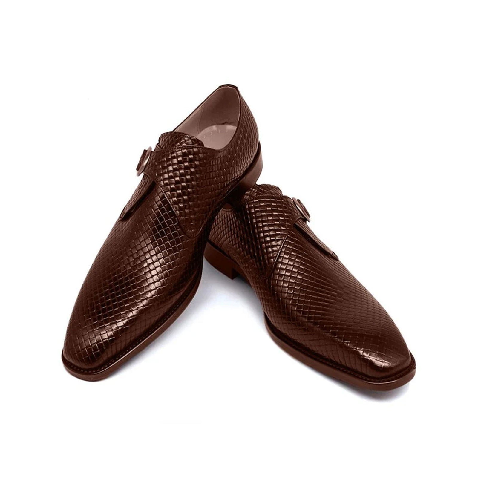 Dark Brown Waved Single Monk Strap Shoes - Milanese Leather