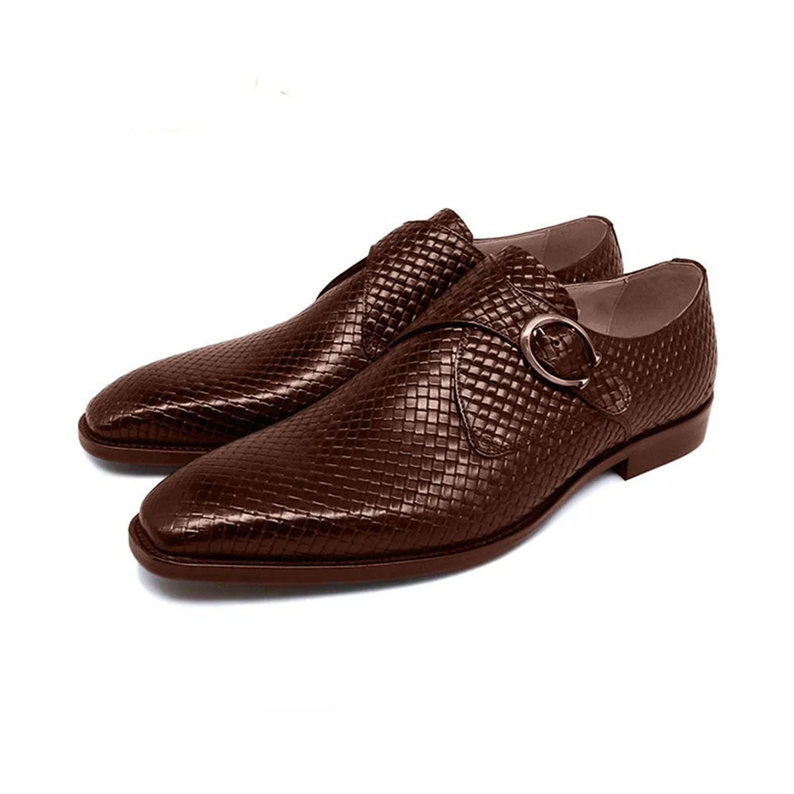 Dark Brown Waved Single Monk Strap Shoes - Milanese Leather