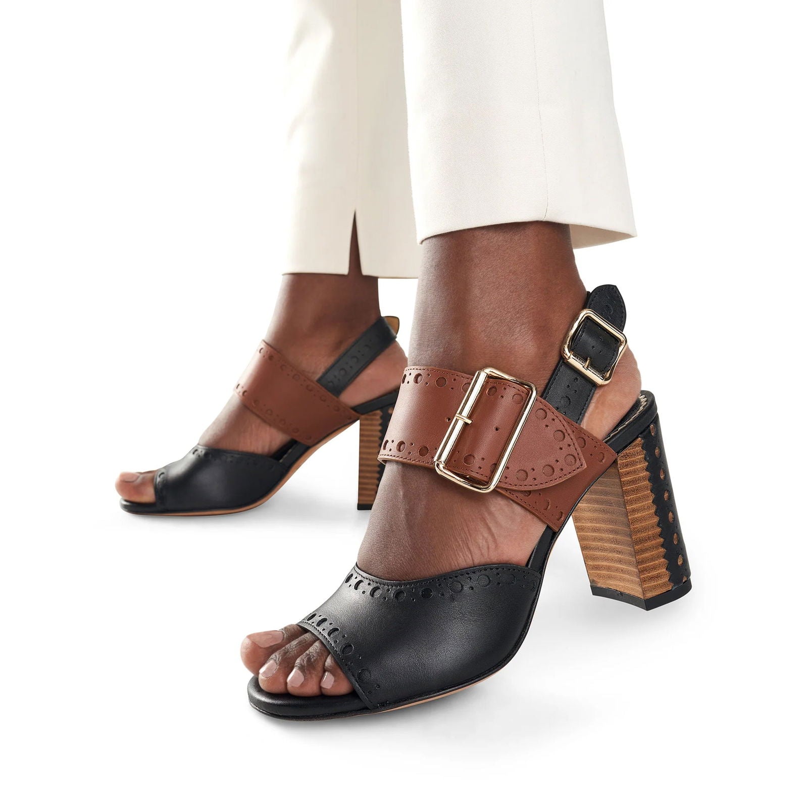 Ms. Nellie Sandal Black & Cognac - Milanese Leather
