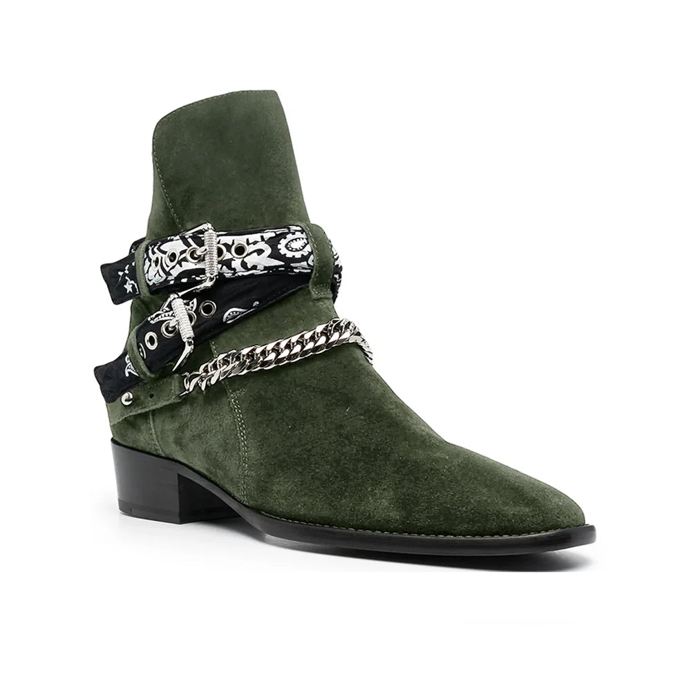 Olive Bandana Buckle Cuban Boot - Milanese Leather