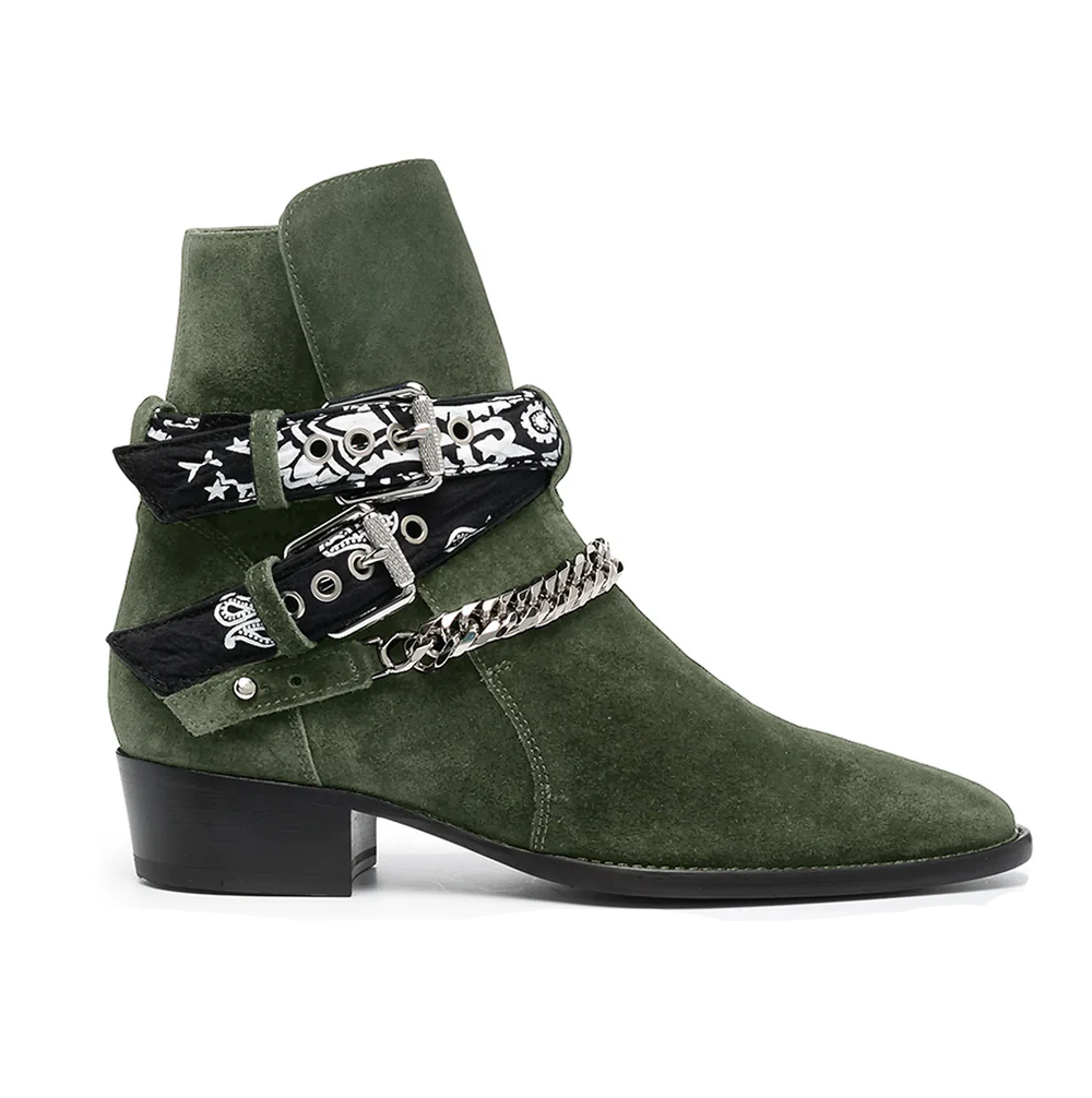 Olive Bandana Buckle Cuban Boot - Milanese Leather