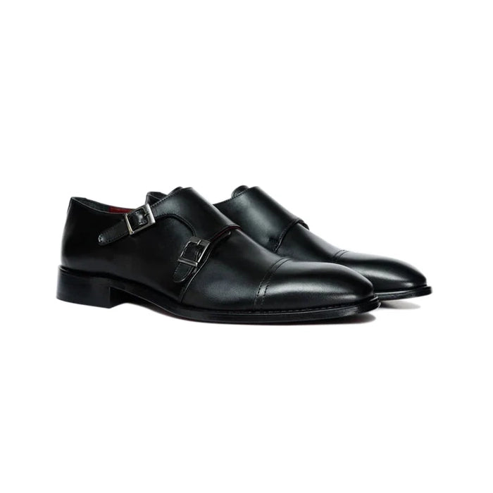 Black Leather Cap Toe Double Monk Strap Shoe - Milanese Leather