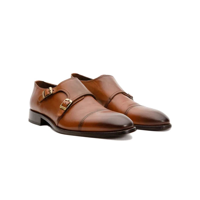 Brown Leather Cap Toe Double Monk Strap Shoe - Milanese Leather