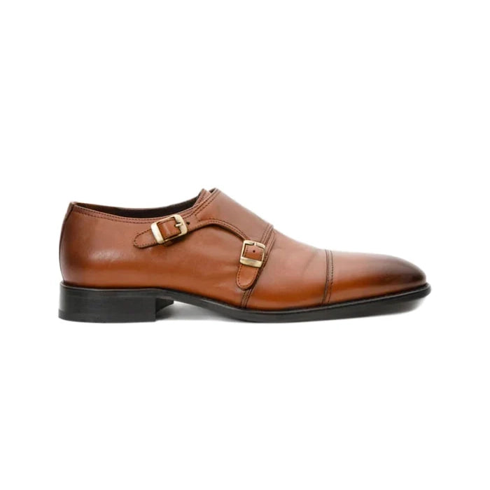 Brown Leather Cap Toe Double Monk Strap Shoe - Milanese Leather